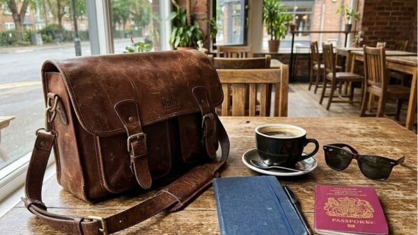 Batangas leather satchel with a travel notebook and coffee in a café