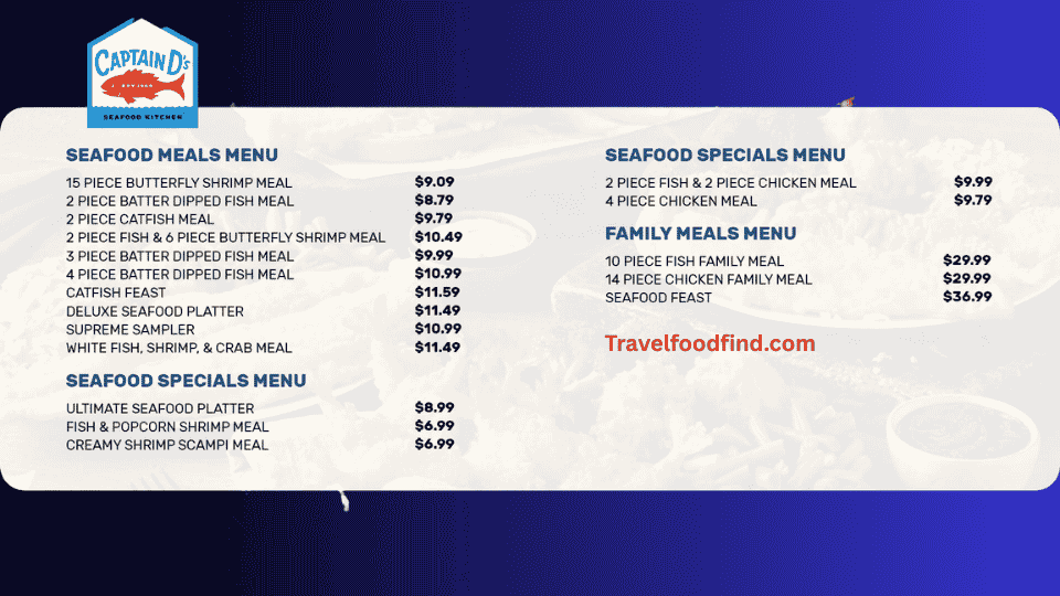 A customer looking at the complete captain d's senior menu with prices on a printed table menu.