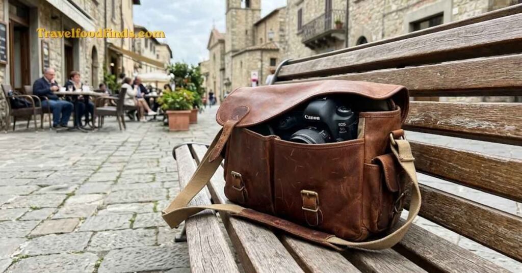 Brown leather camera bag carrying DSLR photography equipment