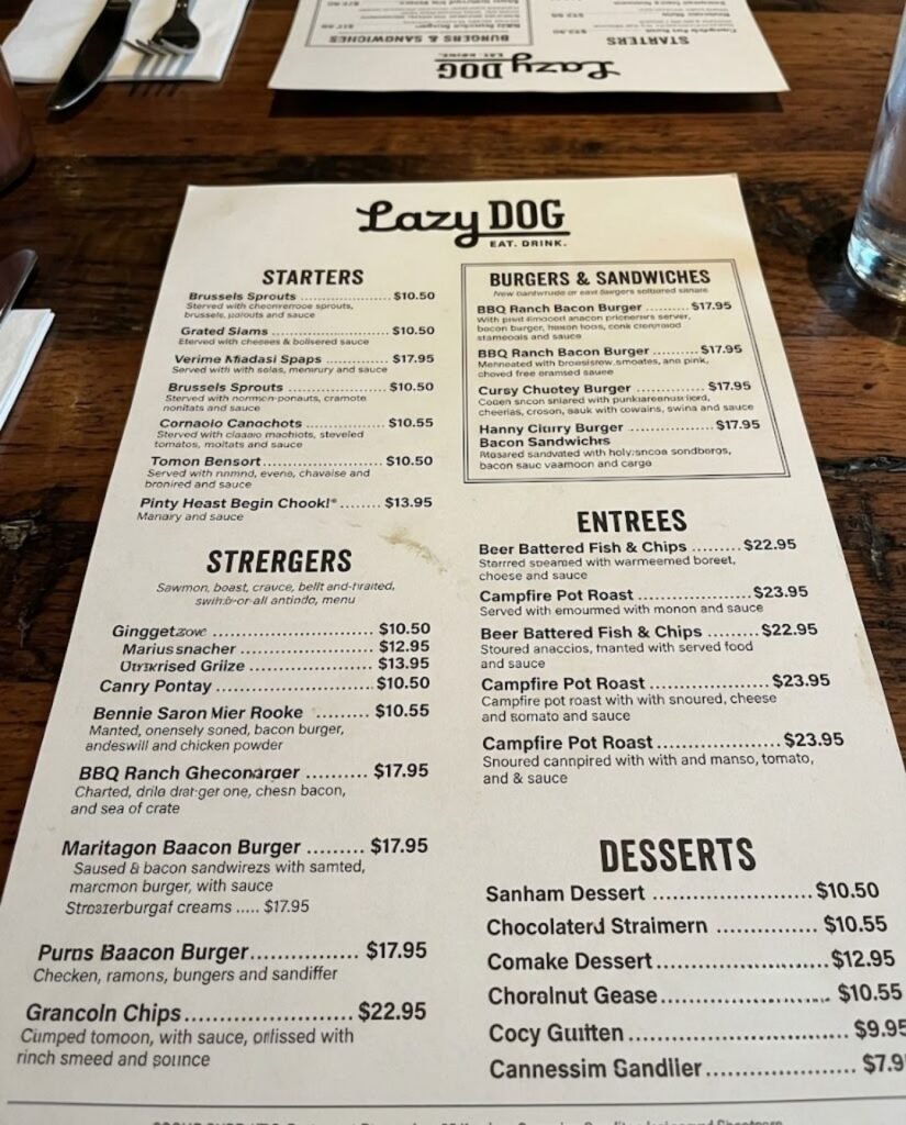 Lazy Dog Restaurant Physical Menu Card with Prices