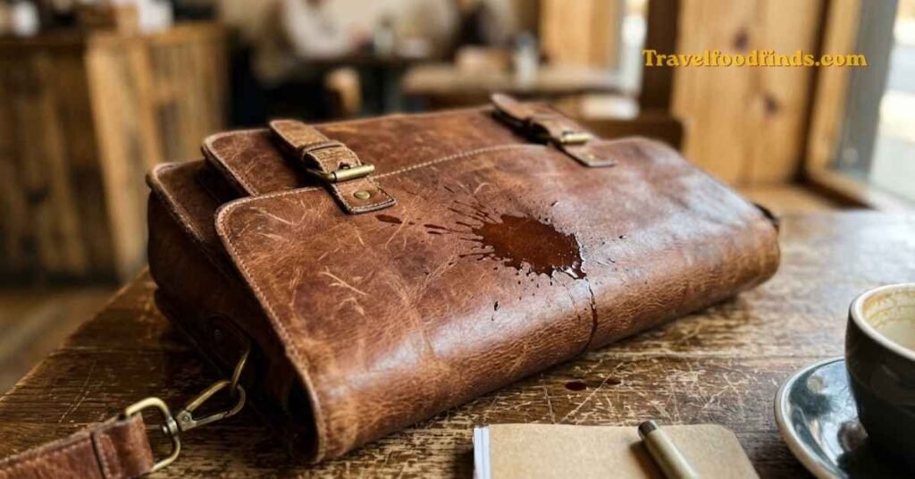 Coffee spilled on a brown leather satchel creating a natural patina
