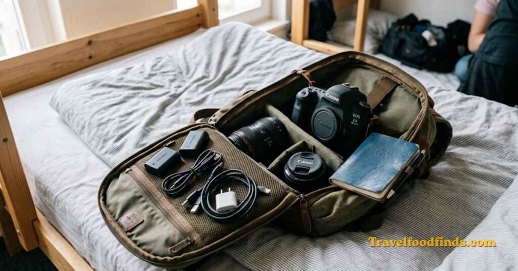 DSLR camera gear packed inside a travel backpack