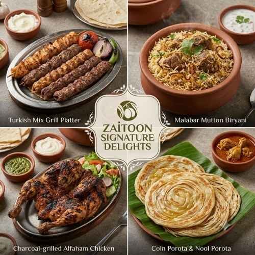 A square collage of Zaitoon Qatar's most popular dishes including Turkish Mix Grill with skewers, a fragrant plate of Malabar Mutton Biryani, and Charcoal-grilled Alfaham Chicken with dips, surrounded by Coin Porota.
