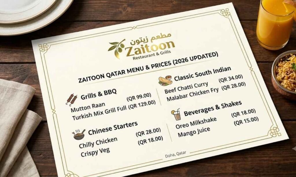 A clear photograph of the official Zaitoon Restaurant Qatar menu card, displaying various sections and prices for dishes like soups, salads, starters, grills, and beverages, with a focus on the Beverages & Desserts section.
