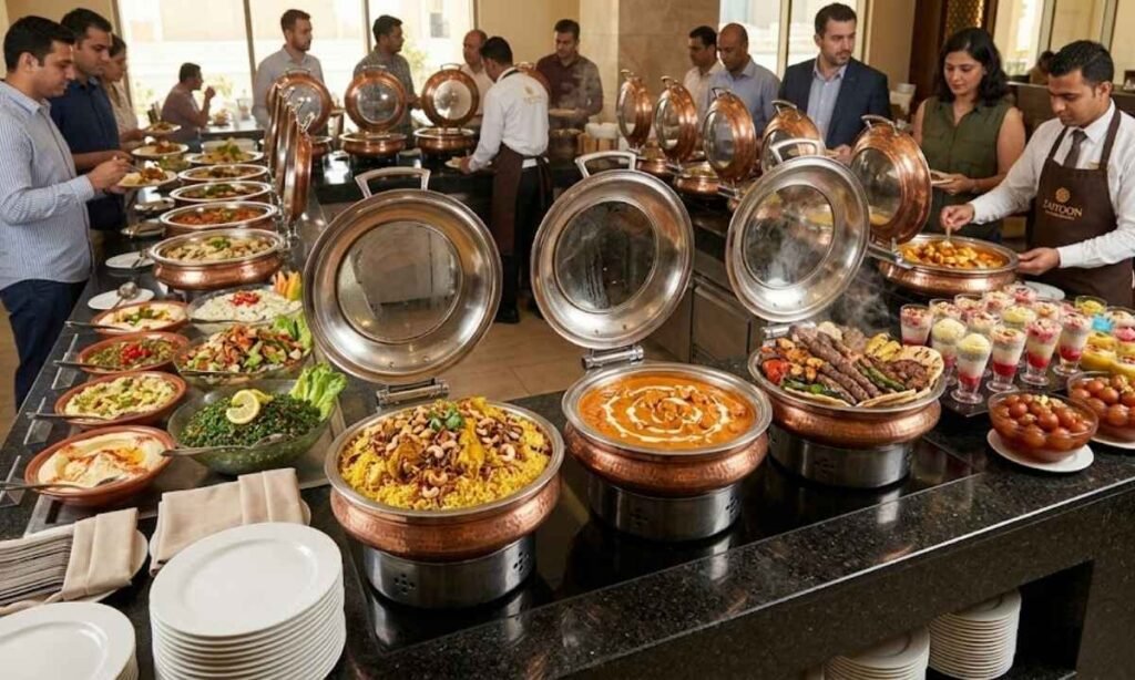 A rich and colorful buffet line at Zaitoon Restaurant Qatar, featuring large copper chafing dishes filled with Biryani, Indian curries, Arabic grills, fresh mezze platters, and Ramadan Iftar special desserts.