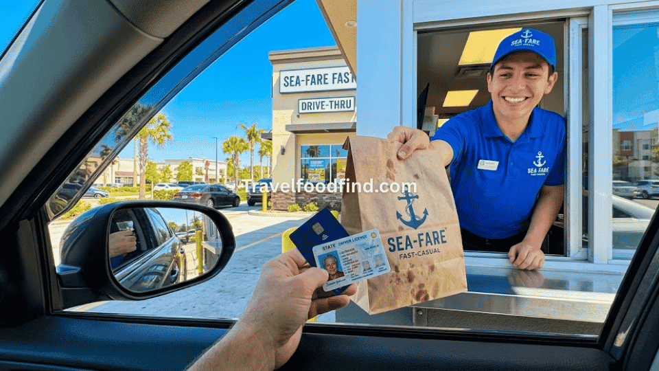 Claiming the captain d's senior menu with prices discount at the drive-thru window.