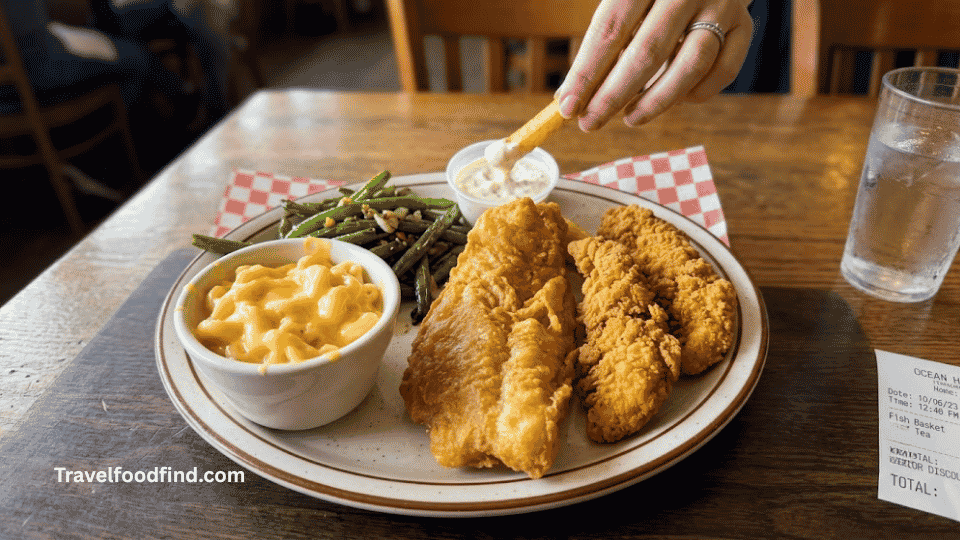 The famous $4.99 combo from the captain d's senior menu with prices featuring fish, chicken, and mac & cheese.