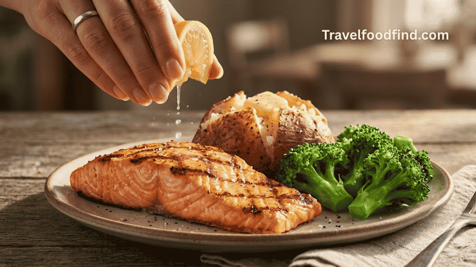 A healthy grilled salmon plate from the captain d's senior menu with prices, perfect for a low-sodium diet.