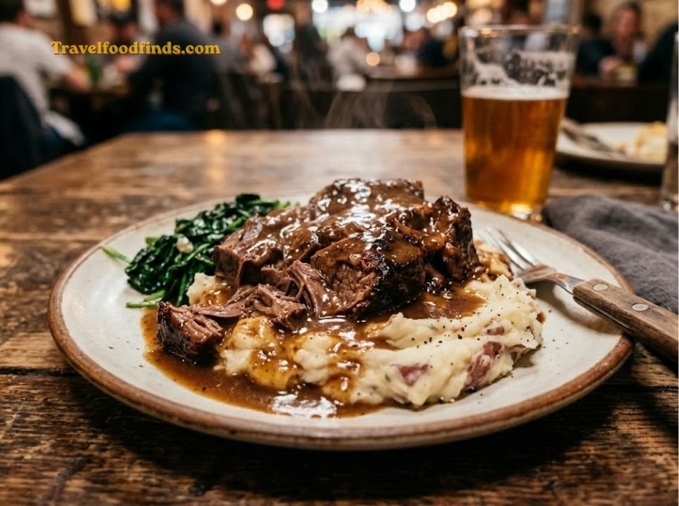 Lazy Dog signature Campfire Pot Roast served with mashed potatoes and spinach