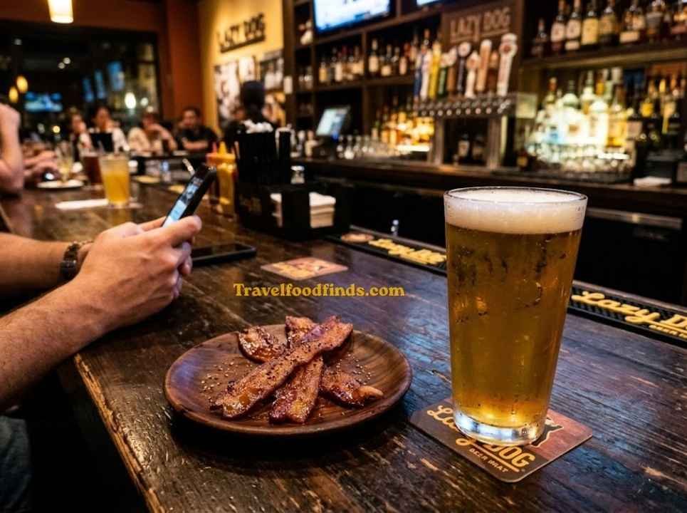 Lazy Dog house draft craft beer and happy hour appetizers served on a bar