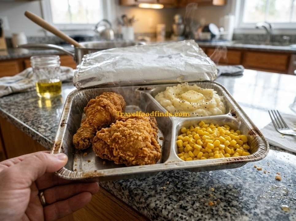 Scratch-made oven ready TV dinner in aluminum retro tray
