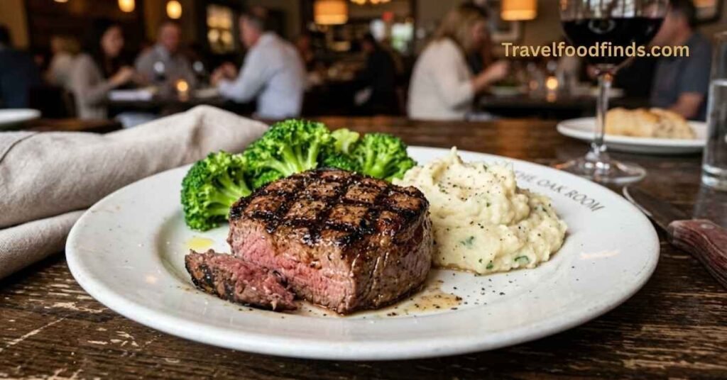 A juicy Tuscan-Grilled Filet with perfect wood-fire grill marks and a side of broccoli.