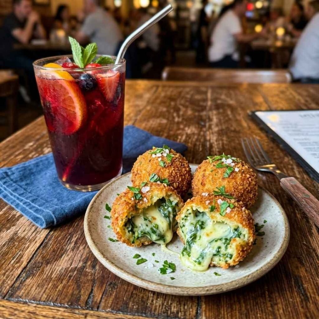 Crispy Spinach Arancini and a glass of Sangria from the $5 happy hour specials.