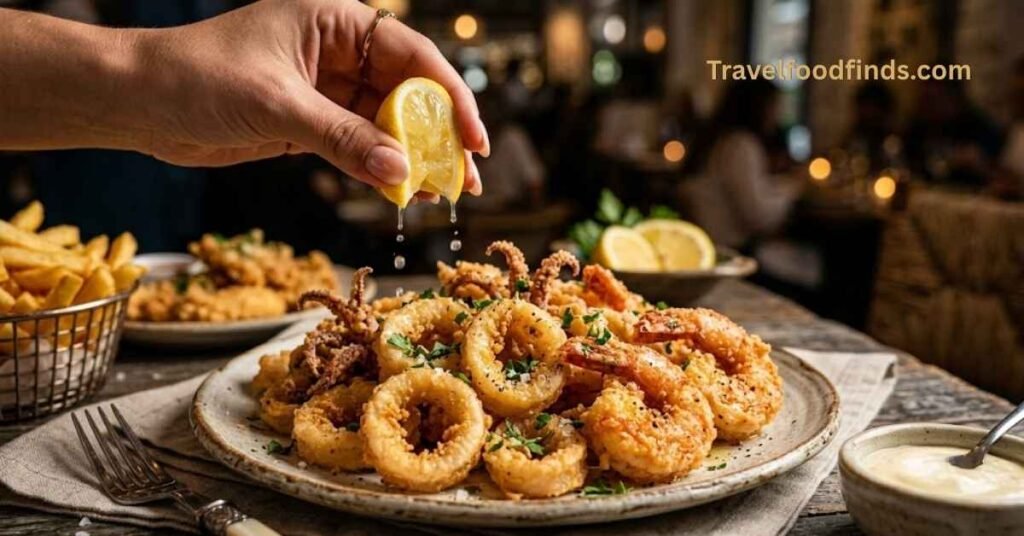 A crispy Fritto Misto seafood platter served with fresh lemon wedges.