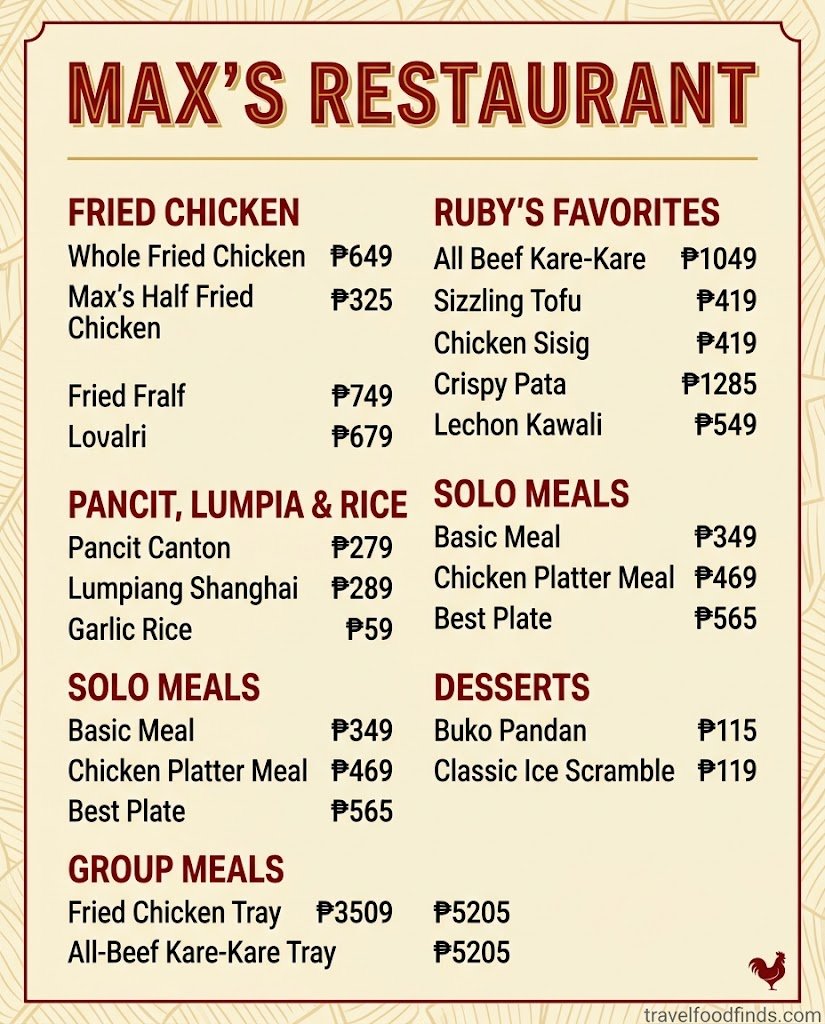 Family Max Restaurant menu board with prices in Philippine Pesos
