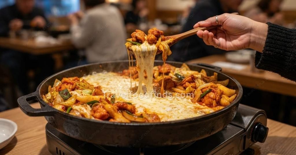 The massive Cheese Dakgalbi hot-pot is perfect for sharing with friends.