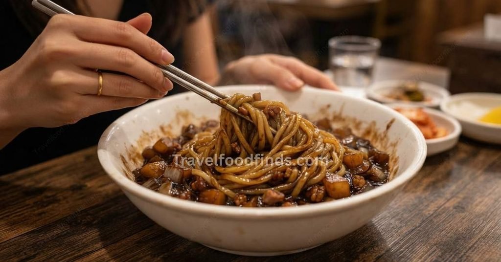 Mixing a bowl of authentic Jjajangmyon black bean noodles at Kkum Korean restaurant.