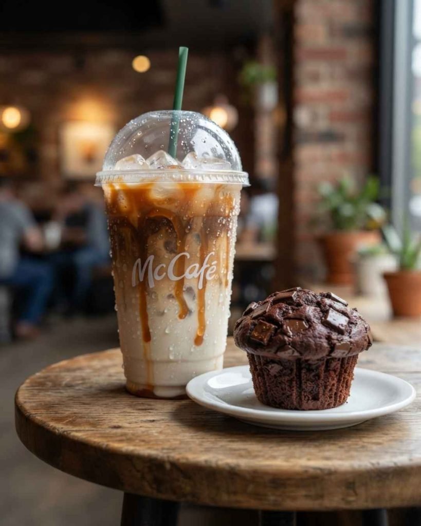A refreshing Iced Caramel Latte and a chocolate muffin from McCafé Poland.