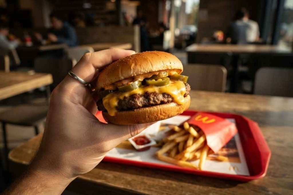 A cheap and delicious 2forU meal featuring a Jalapeño Burger and small fries.