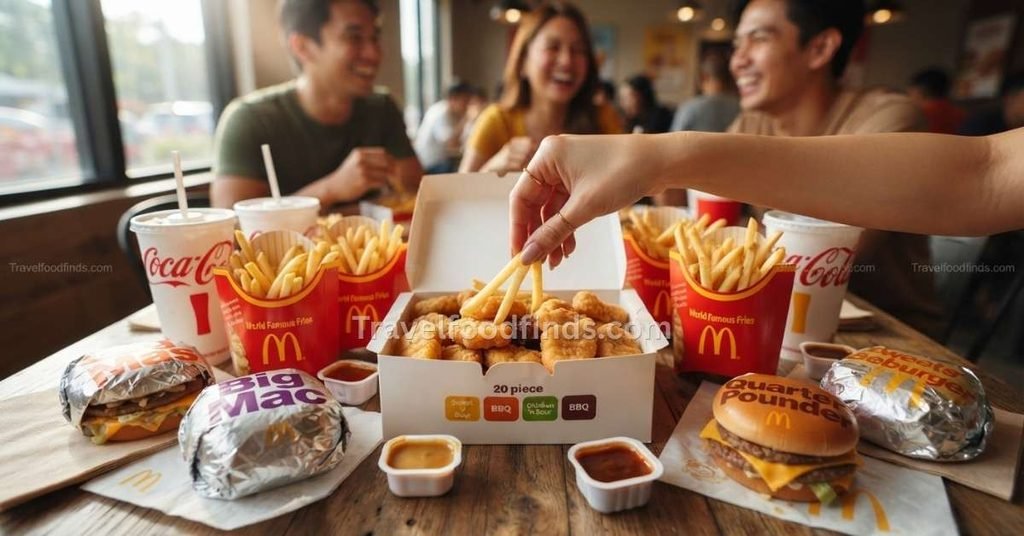 Ein großes Friends Party Bundle mit Burgern und Pommes auf einem Tisch