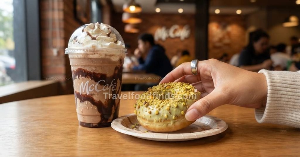 Ein Pistachio Cream Donut und Iced Coffee Shake aus dem McCafe Menü