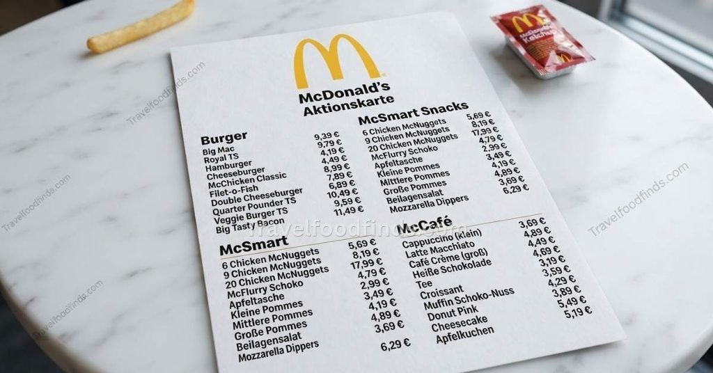 Die gedruckte McDonald's Speisekarte Preise PDF mit Burgern und Snacks