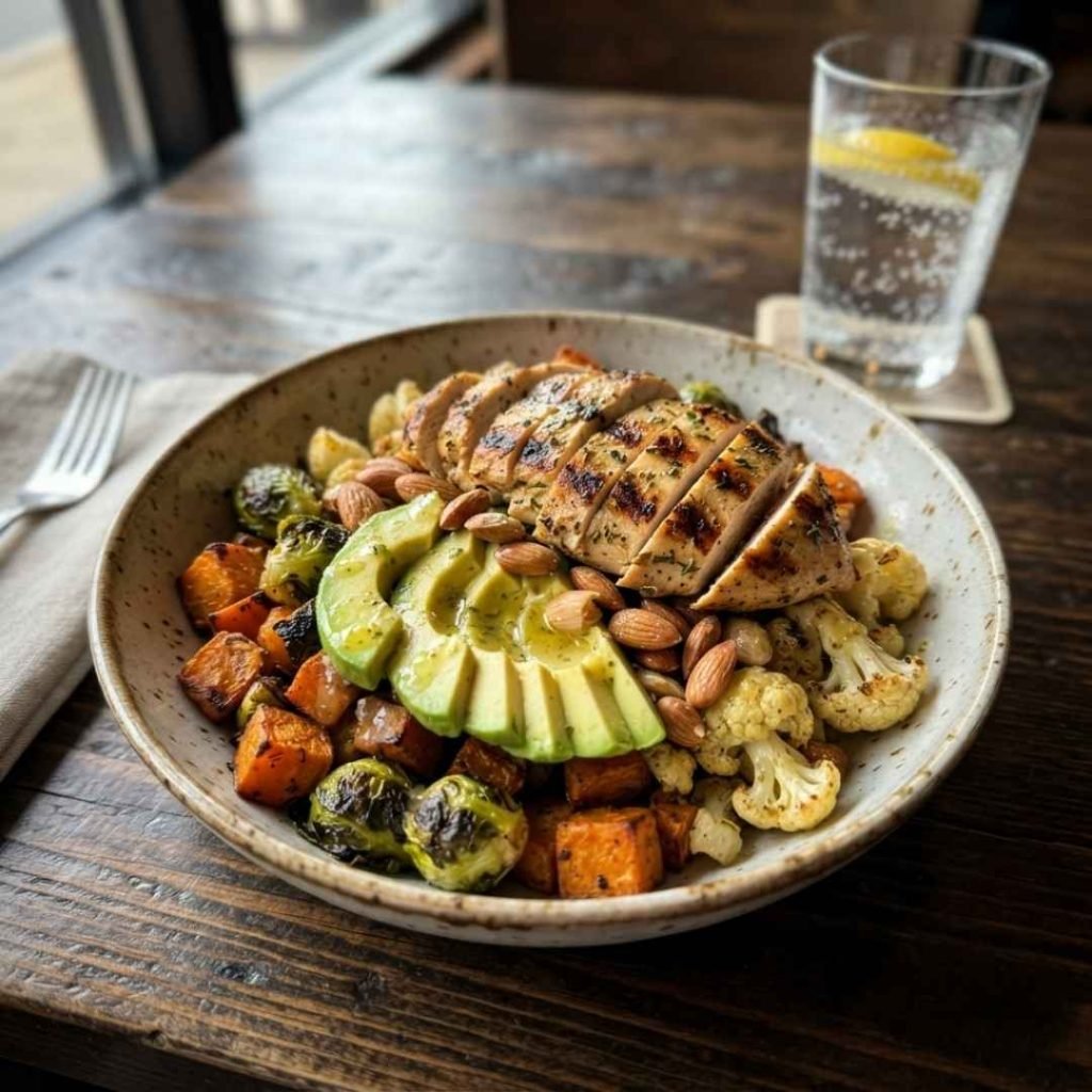 A healthy Paleo Bowl with organic roasted vegetables and grilled chicken from the premium dining menu.