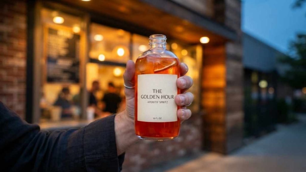 A 16oz craft cocktail ordered from the takeaway window for a premium at-home experience