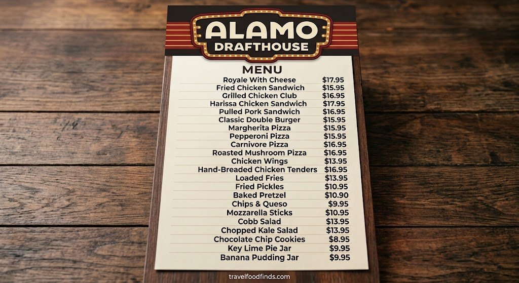Alamo Drafthouse menu board showing signature dishes and prices