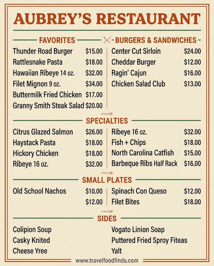 Aubrey's Restaurant menu board showing signature dishes and prices.