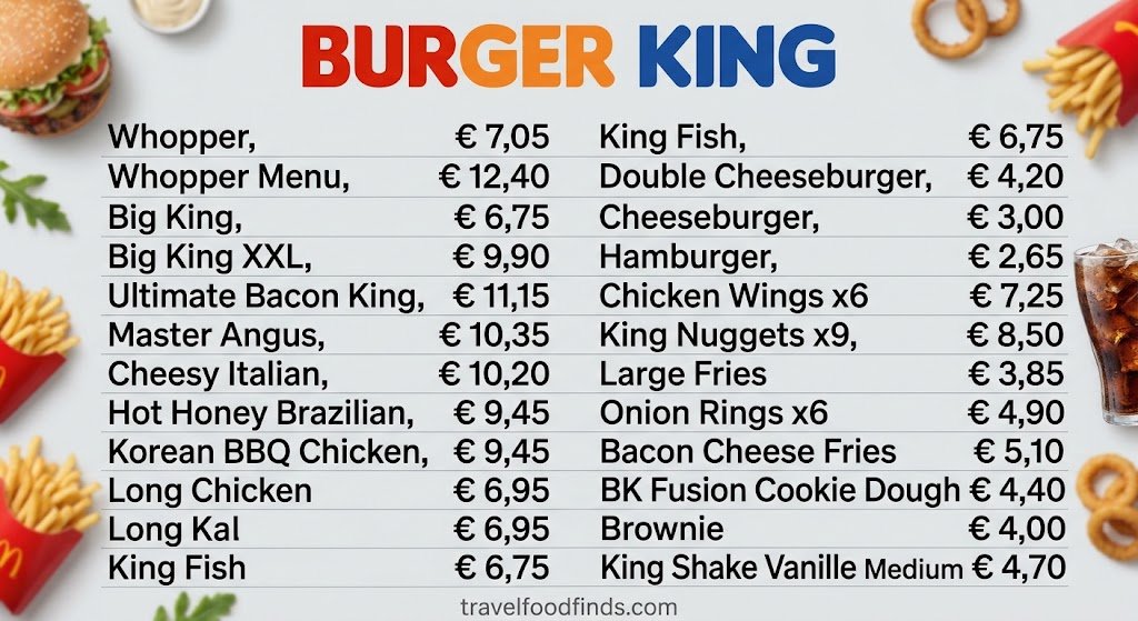 Burger King Belgium menu board showing signature items and prices
