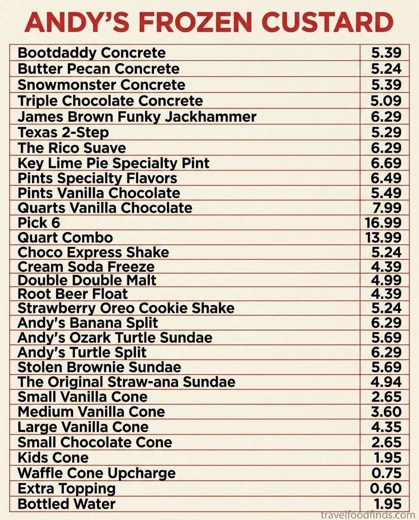 The Andy's Frozen Custard menu with prices