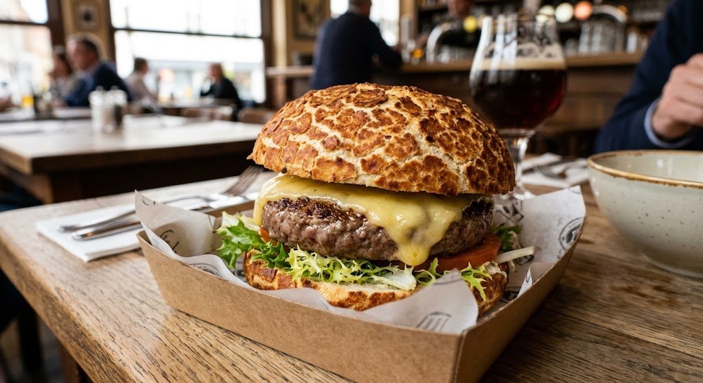 Le Formidable burger on tiger bread with Belgian beef and cheese