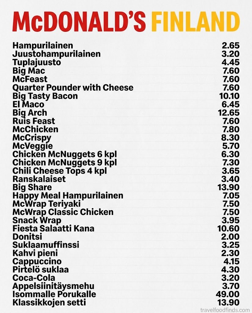 McDonald's Finland Menu With Prices