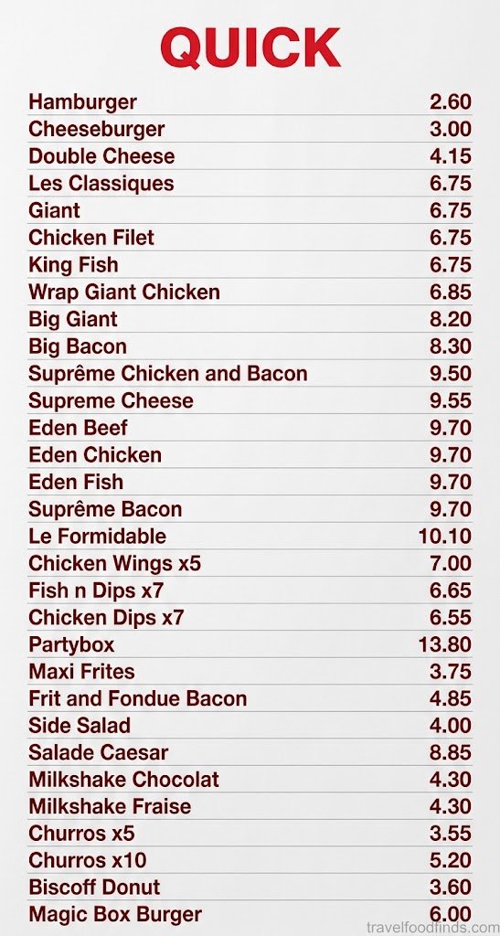 Quick Belgium menu board showing burgers and prices in euros