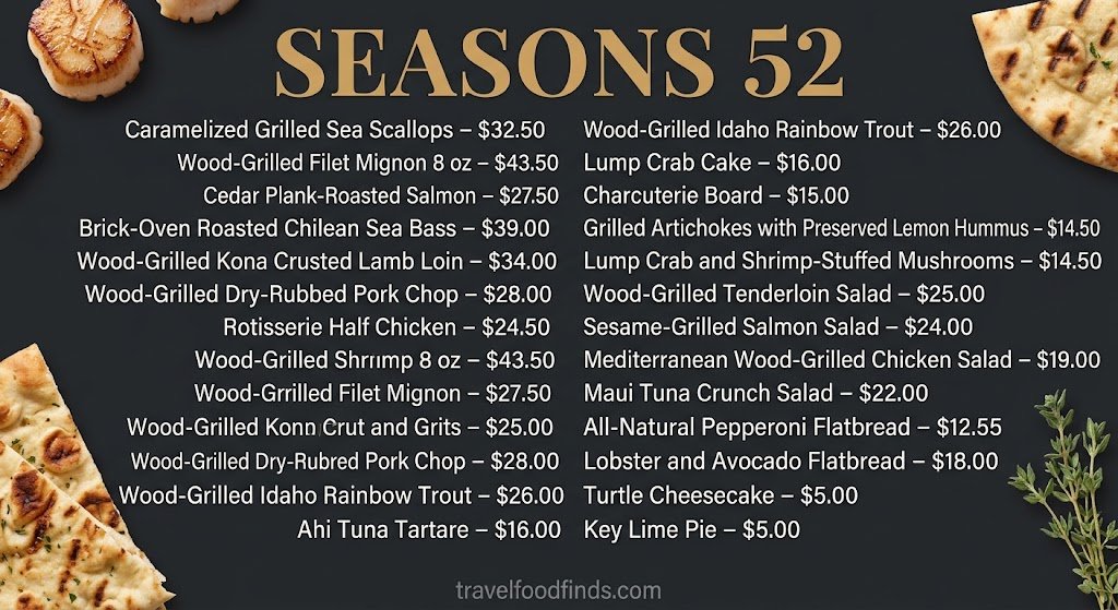Seasons 52 menu board showing signature dishes and prices