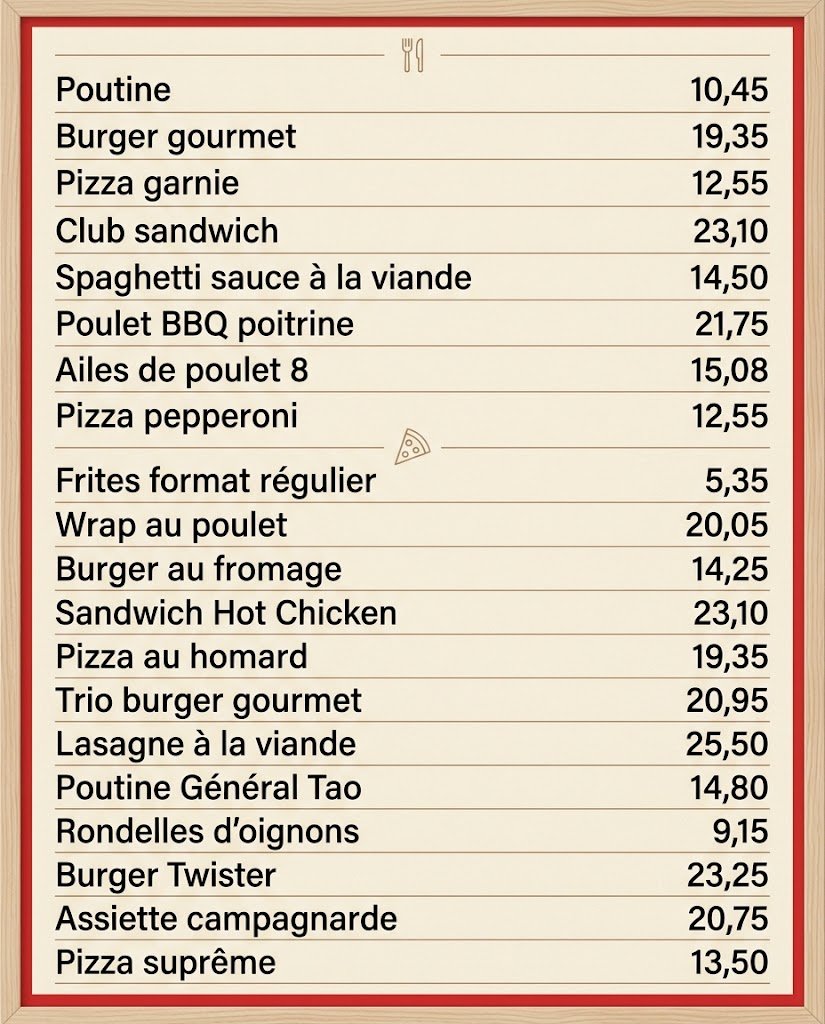 Tableau de menu Restaurant Normandin montrant les plats et les prix en dollars canadiens