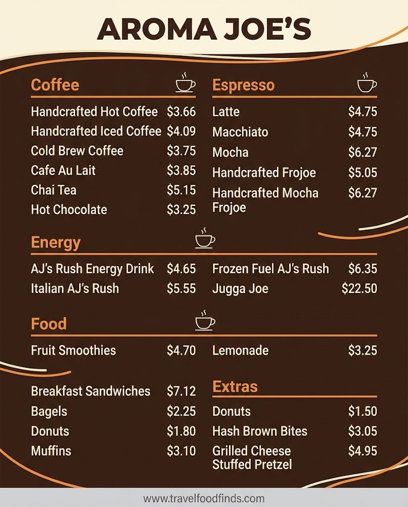 Aroma Joes menu board showing coffee, energy drinks, and food prices