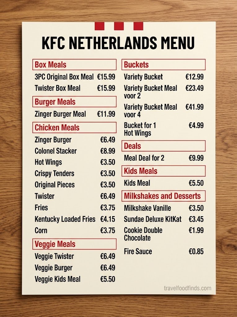 A menu board graphic showing KFC Netherlands dishes and prices in euros