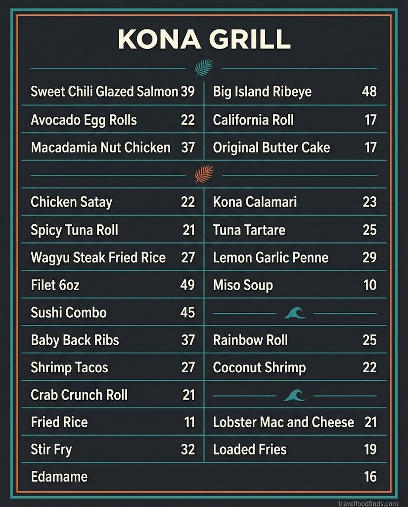 Kona Grill menu board showing dishes and prices in US dollars