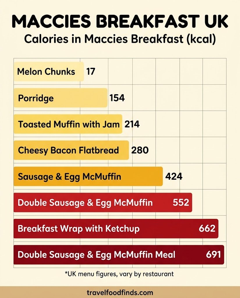 Bar chart of Maccies breakfast calories in the UK, from melon chunks to a double sausage meal.