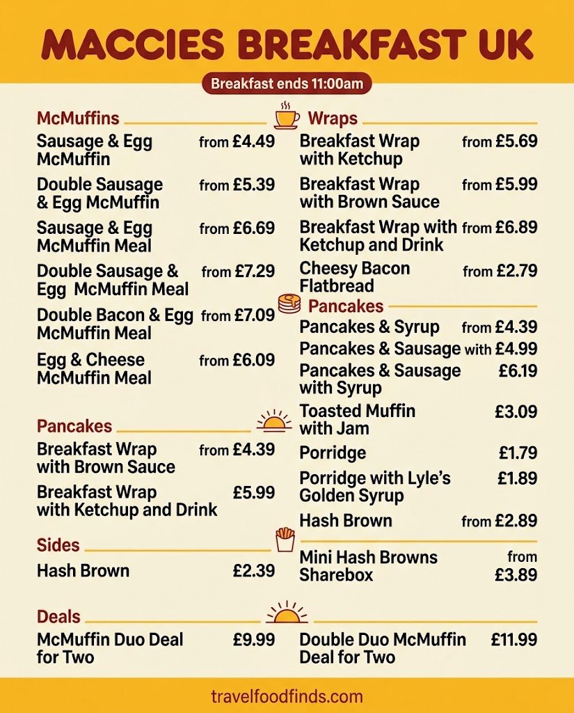 Maccies breakfast menu board with UK prices for McMuffins, wraps, pancakes and deals.